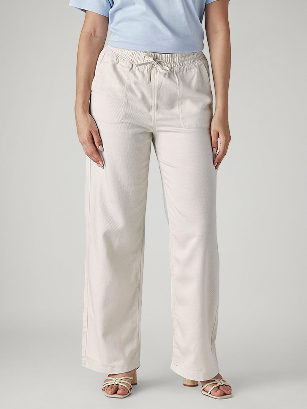 Women's Off White Straight Fit Mid Rise Easy Trousers - Front View