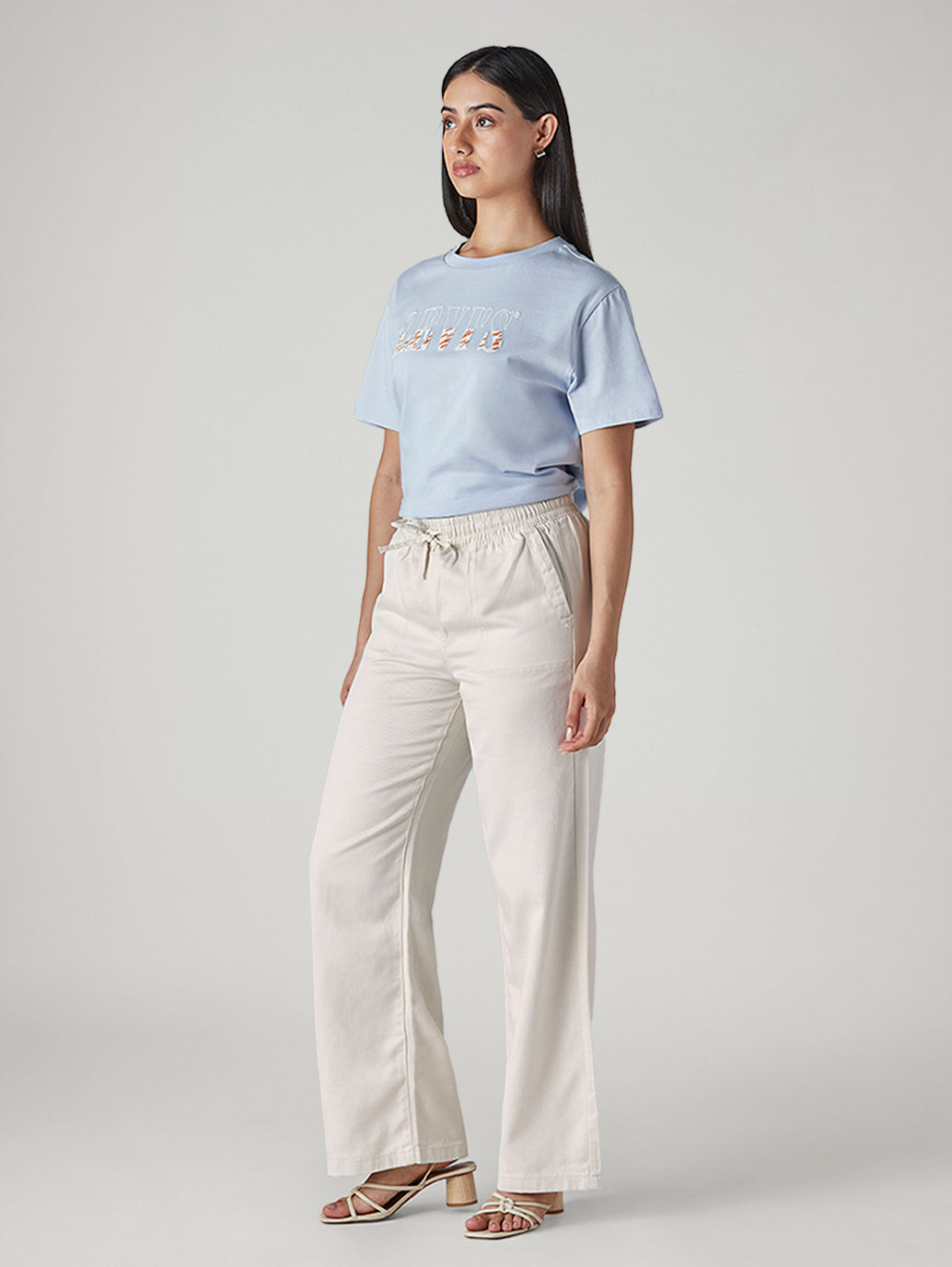 Women's Off White Straight Fit Mid Rise Easy Trousers - Side View