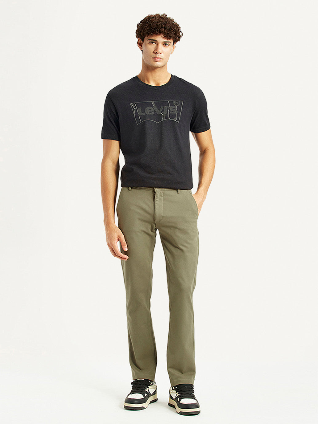 Men's Olive Slim Fit Mid Rise Chinos - Front View