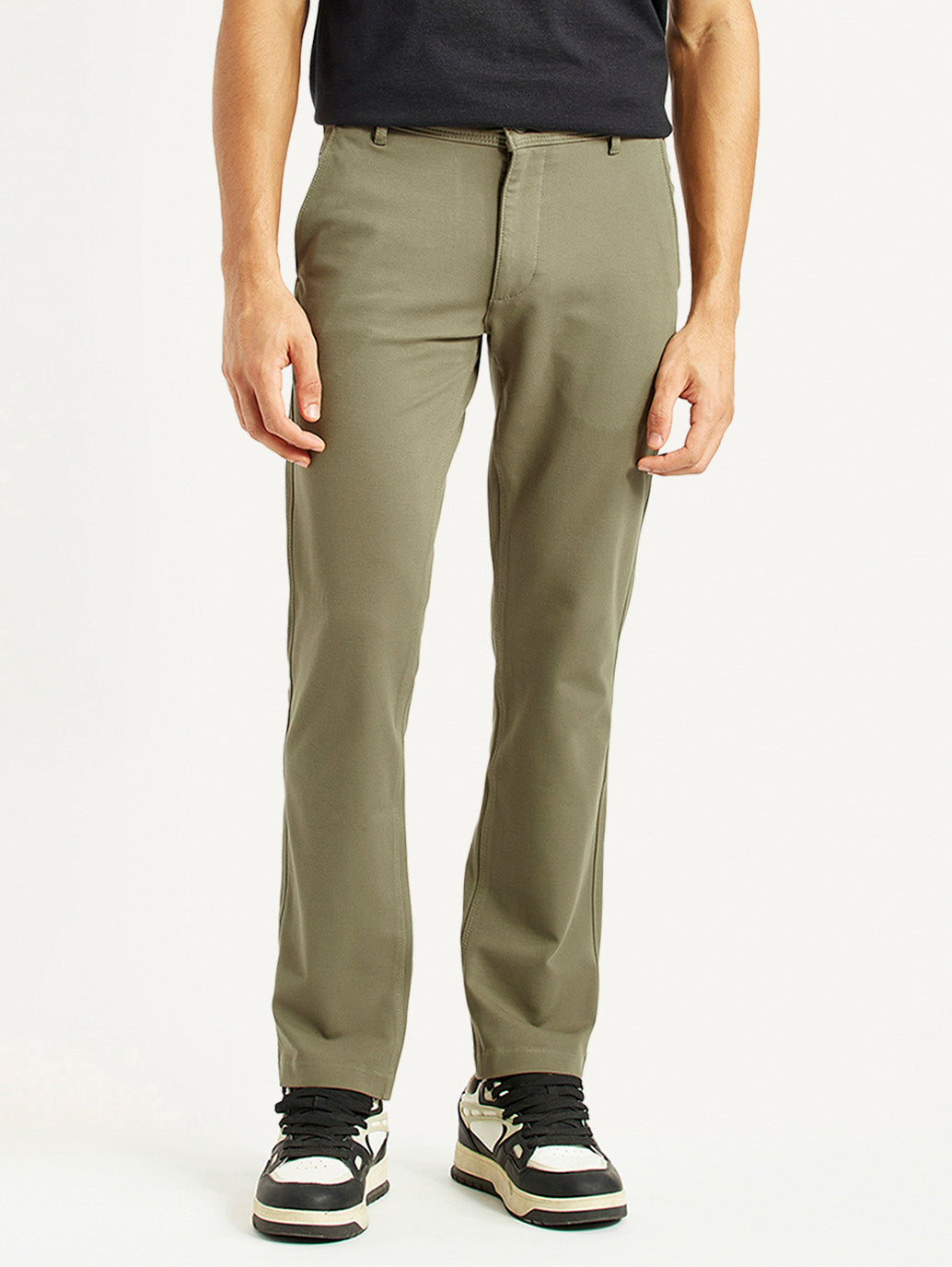 Men's Olive Slim Fit Mid Rise Chinos - Front View
