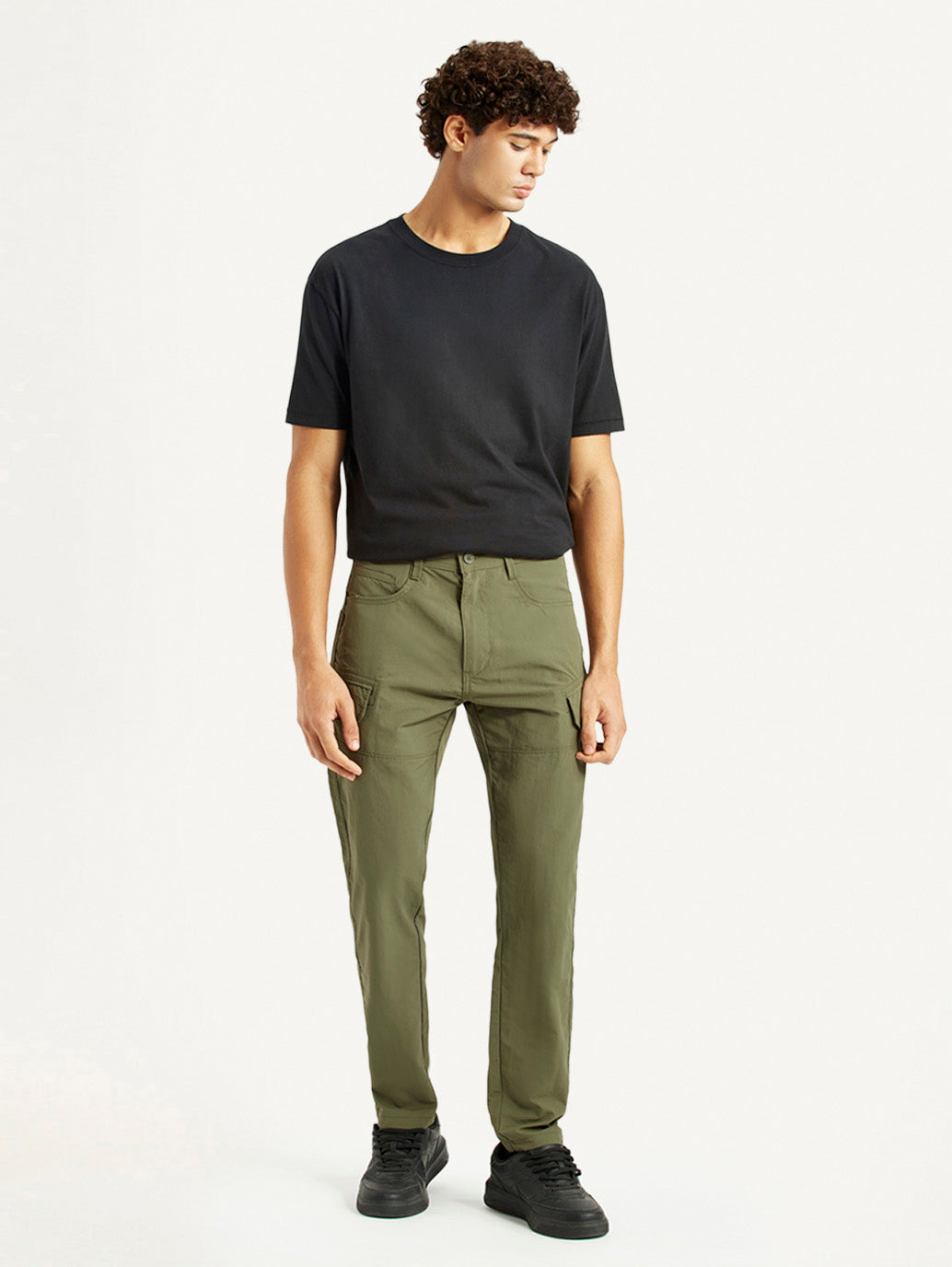 Men's Olive Slim Fit Cargo Trousers - Front View