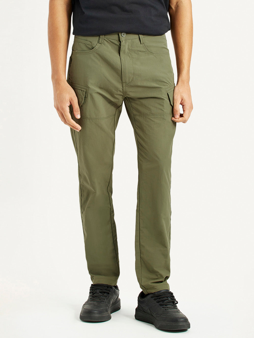 Men's Olive Slim Fit Cargo Trousers - Front View