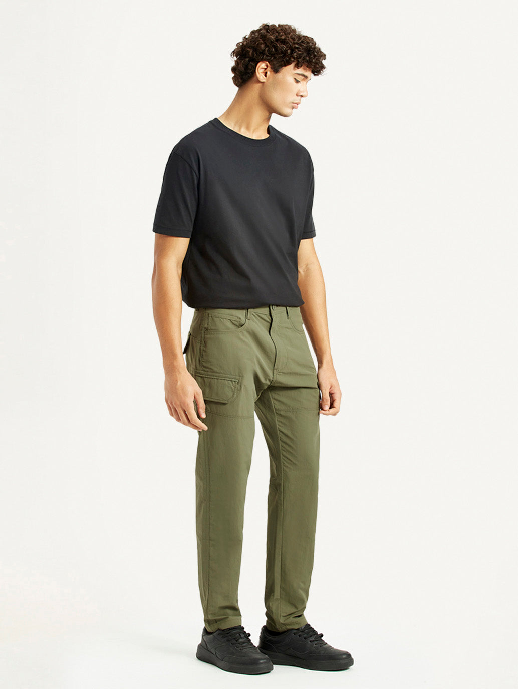 Men's Olive Slim Fit Cargo Trousers - Side View