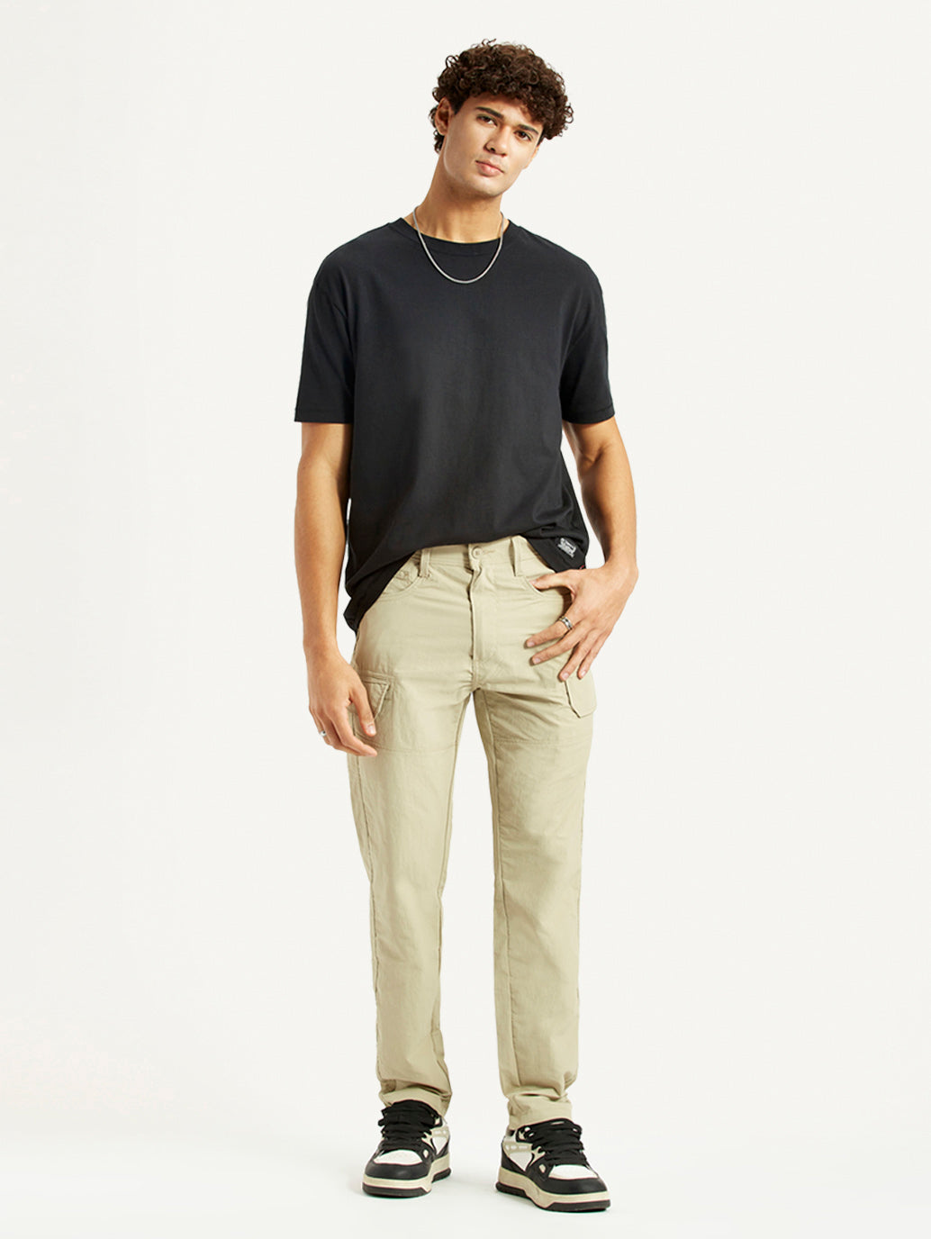 Men's Beige Slim Fit Mid Rise Cargo Trousers - Styleshot View