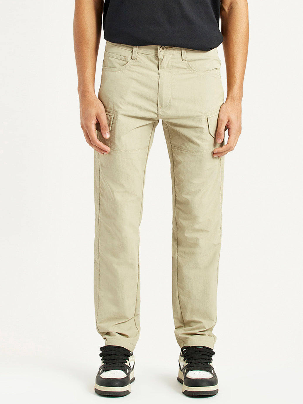 Men's Beige Slim Fit Mid Rise Cargo Trousers - Front View