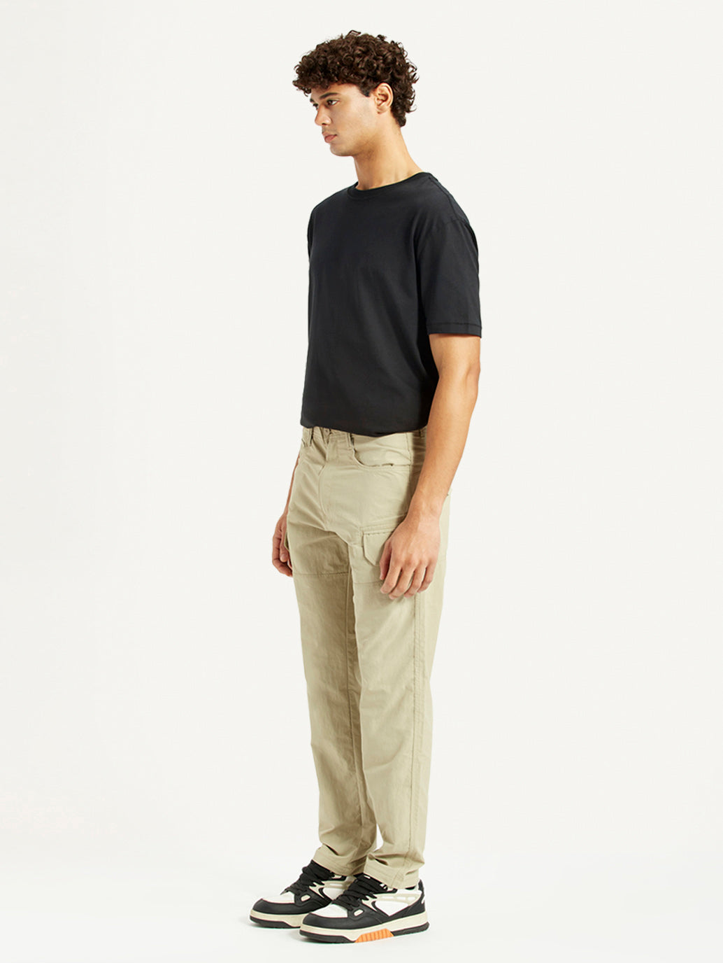 Men's Beige Slim Fit Mid Rise Cargo Trousers - Side View
