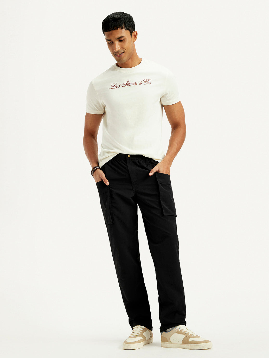 Men's Black Authentic Straight Fit Cargo Trousers - Elevated View