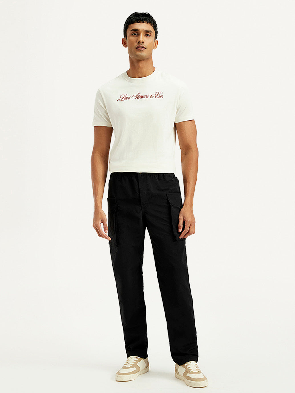 Men's Black Authentic Straight Fit Cargo Trousers - Front View