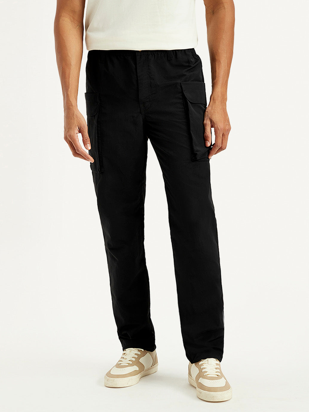 Men's Black Authentic Straight Fit Cargo Trousers - Front View