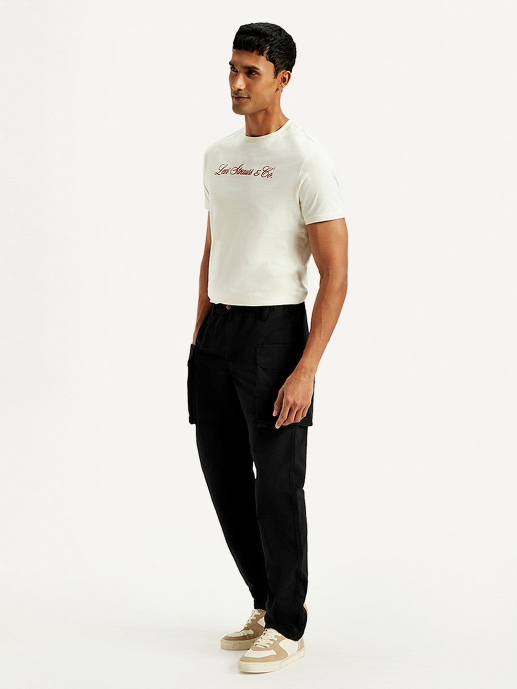 Men's Black Authentic Straight Fit Cargo Trousers - Side View