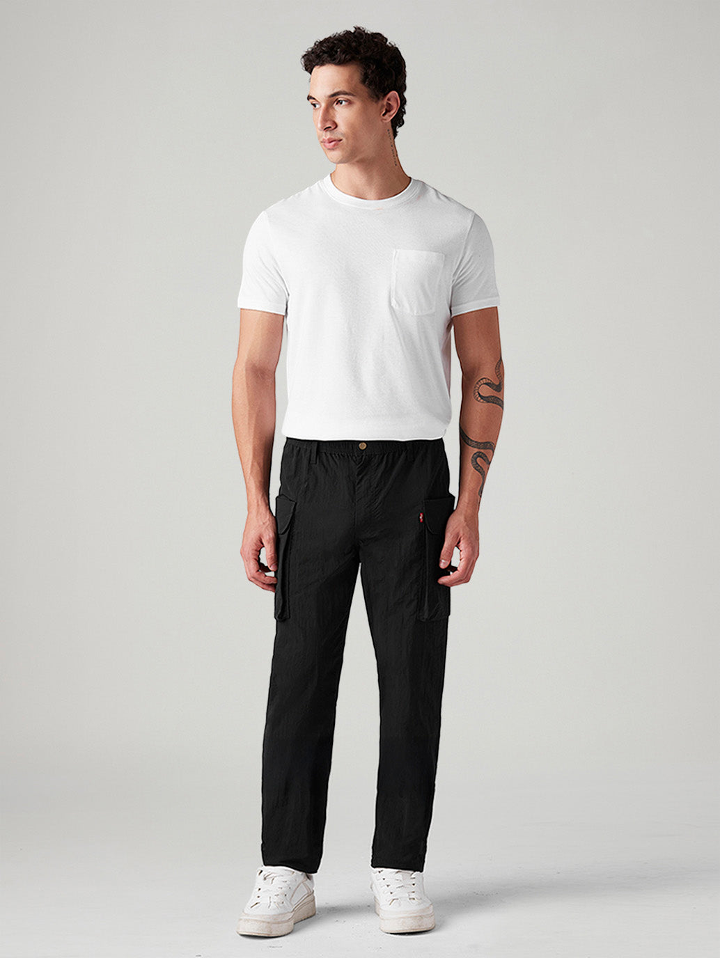 Men's Black Authentic Relaxed Straight Fit Mid Rise Cargos - Front View