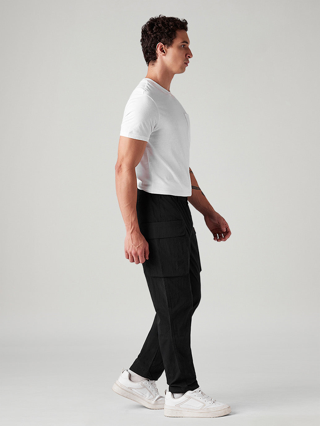 Men's Black Authentic Relaxed Straight Fit Mid Rise Cargos - Side View