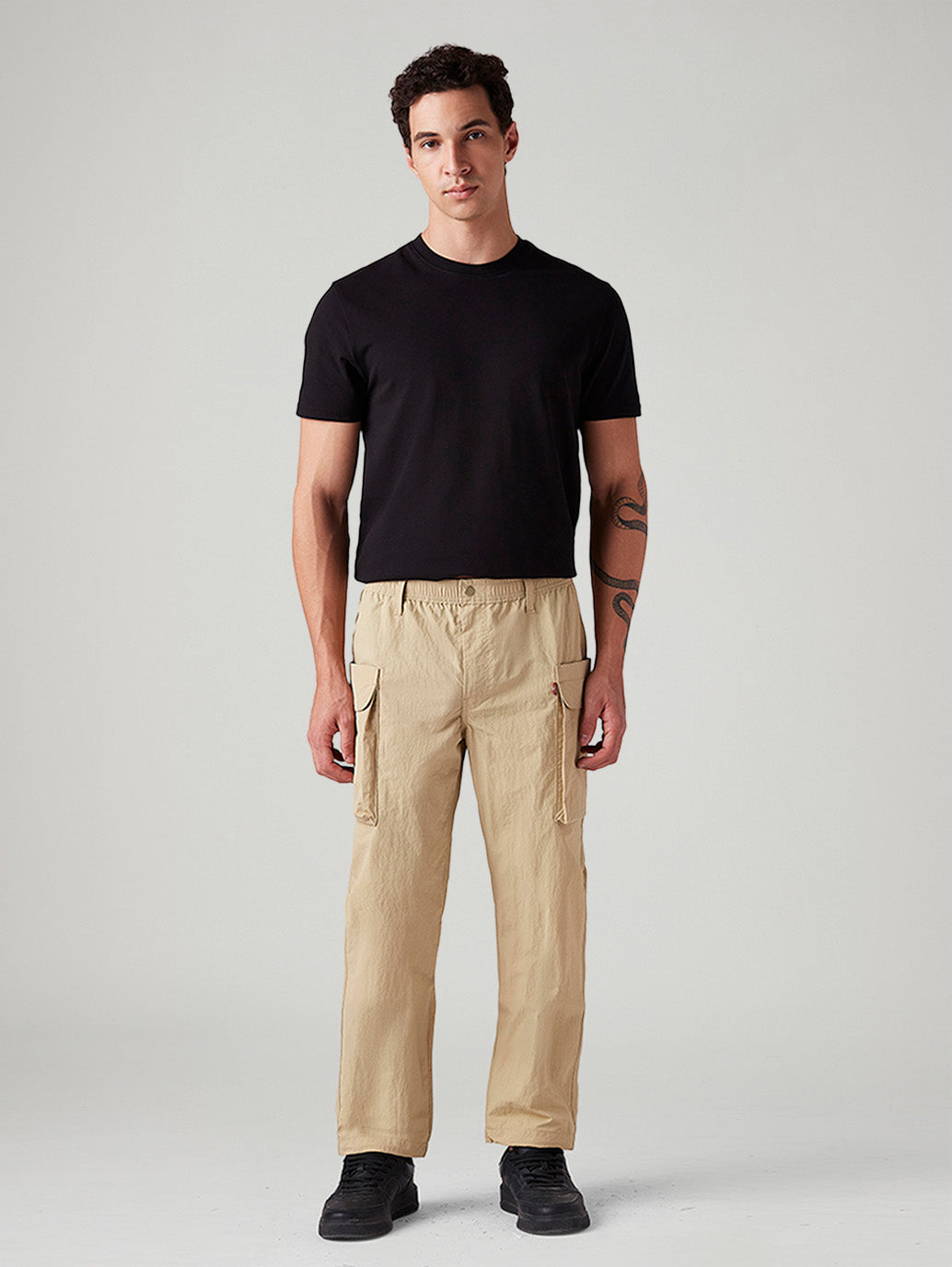 Men's Beige Authentic Relaxed Straight Fit Mid Rise Cargos - Front View