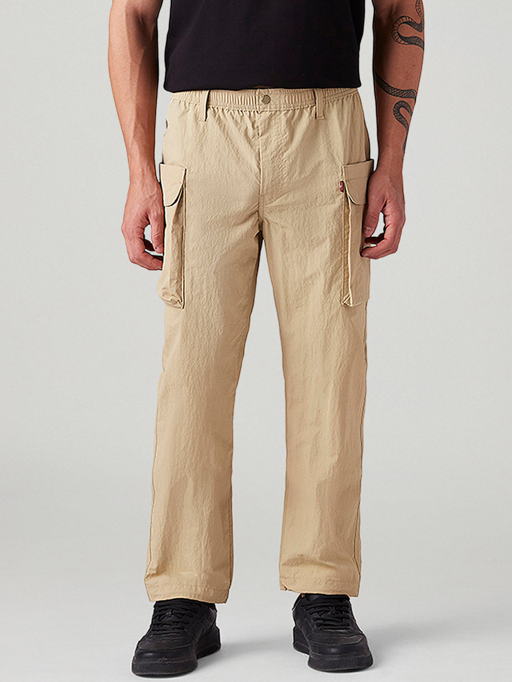 Men's Beige Authentic Relaxed Straight Fit Mid Rise Cargos - Front View