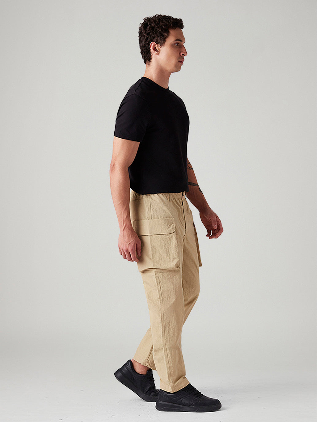 Men's Beige Authentic Relaxed Straight Fit Mid Rise Cargos - Side View