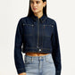 Women's Solid Navy Denim Jacket - Front View