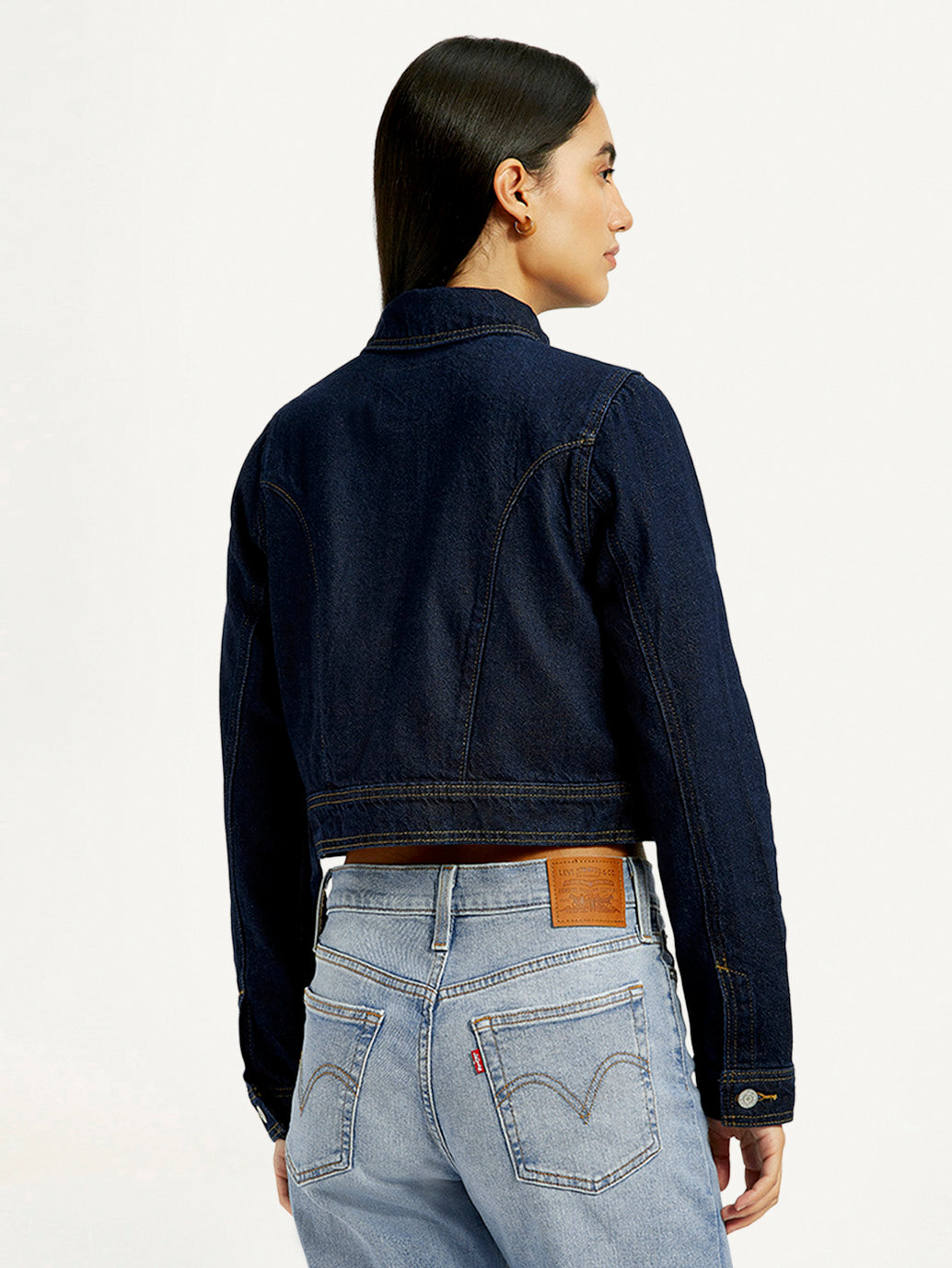 Women's Solid Navy Denim Jacket - Back View