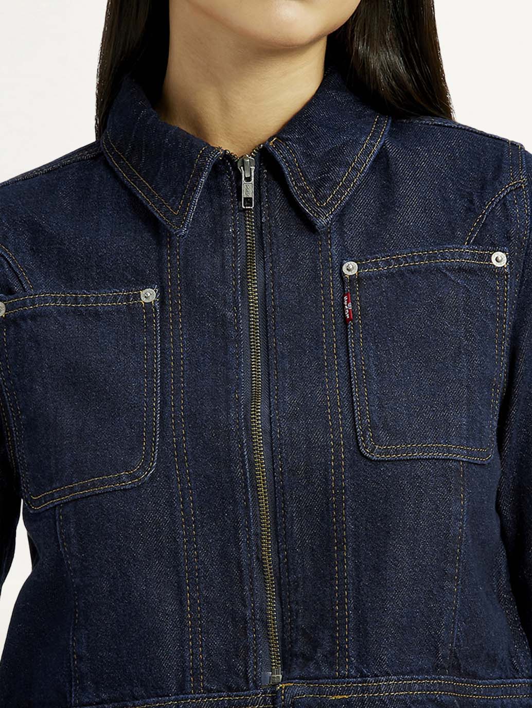 Women's Solid Navy Denim Jacket - Detail View