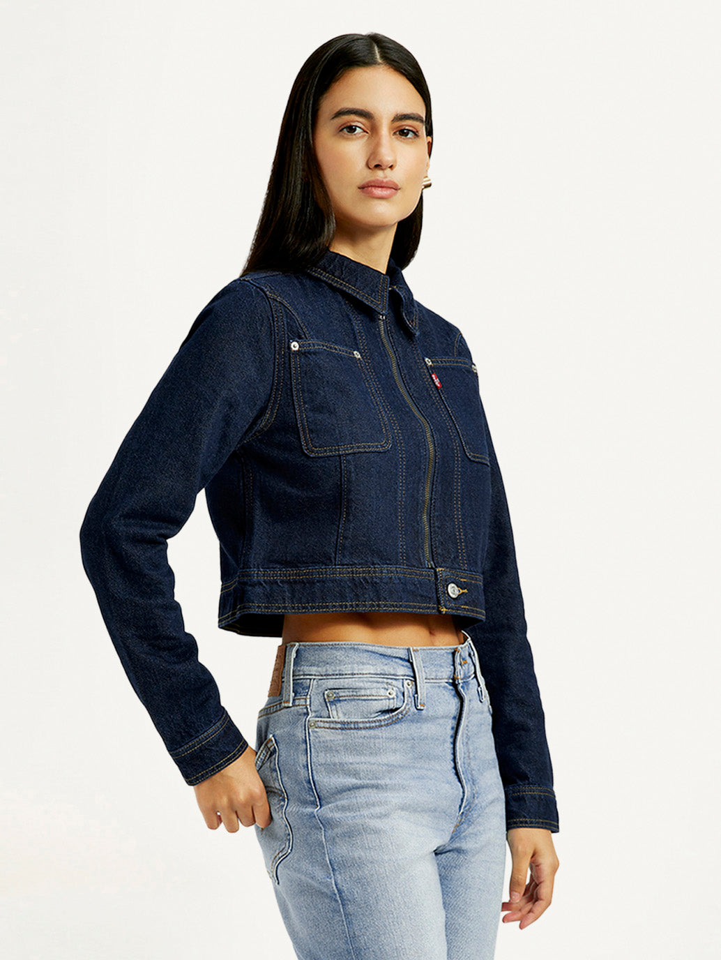 Women's Solid Navy Denim Jacket - Side View