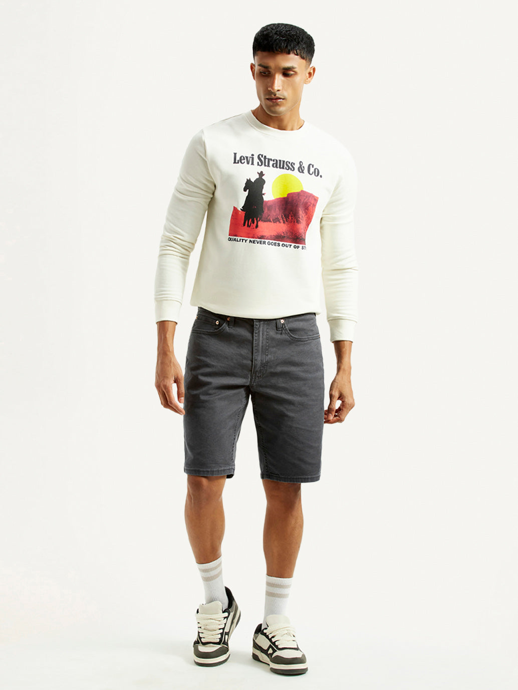 Men's Grey Tapered Mid Rise Shorts - Front View