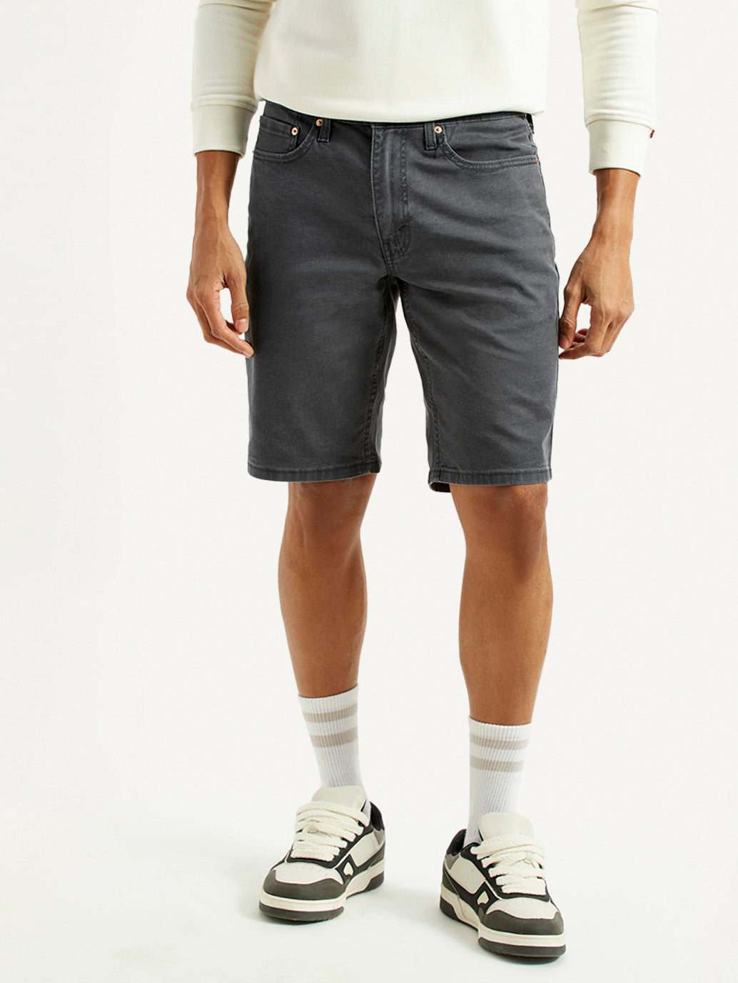 Men's Grey Tapered Mid Rise Shorts - Front View