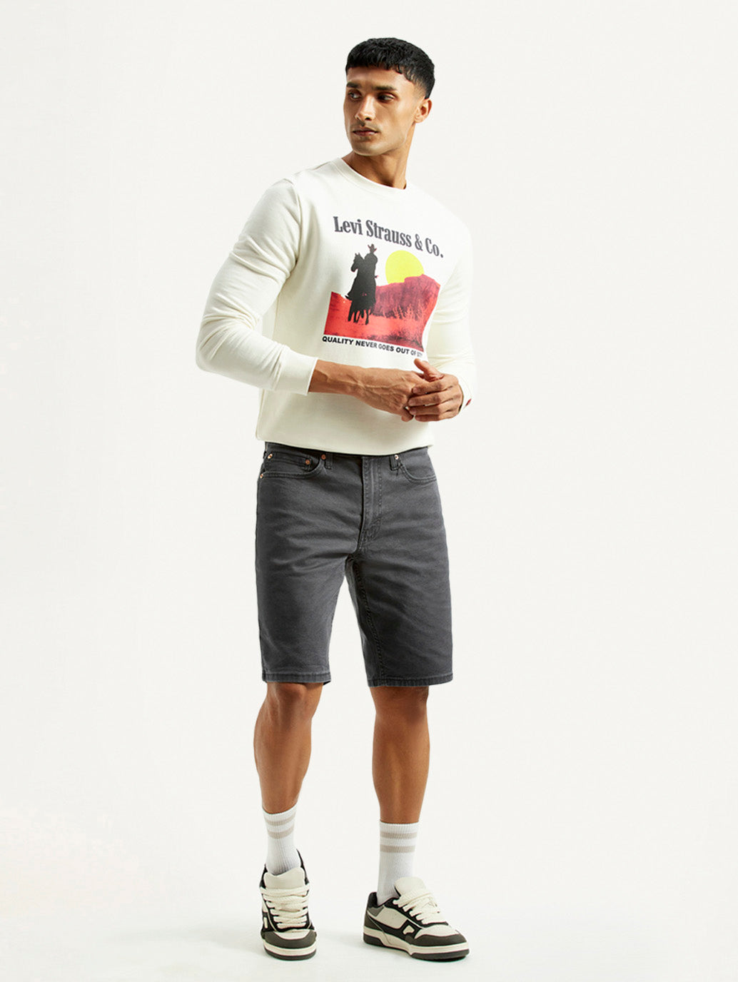 Men's Grey Tapered Mid Rise Shorts - Side View