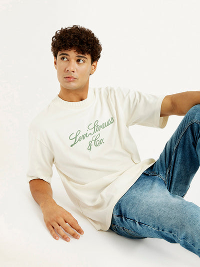 Men's Embroidered Cream Crew Neck T-shirt