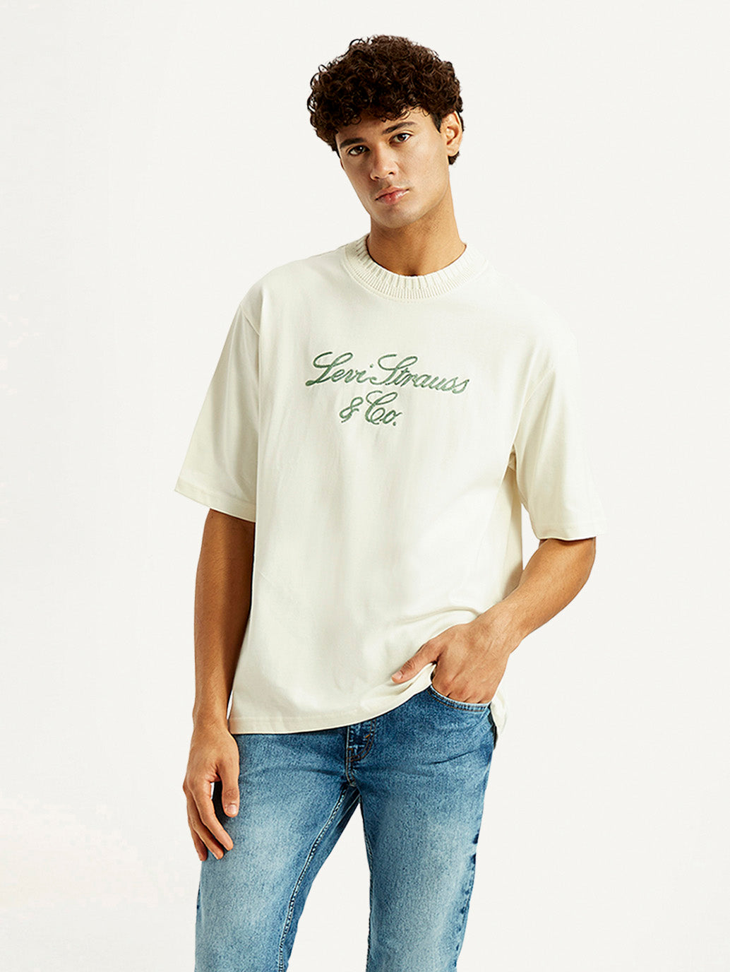 Men's Embroidered Cream Crew Neck T-shirt - Styleshot View