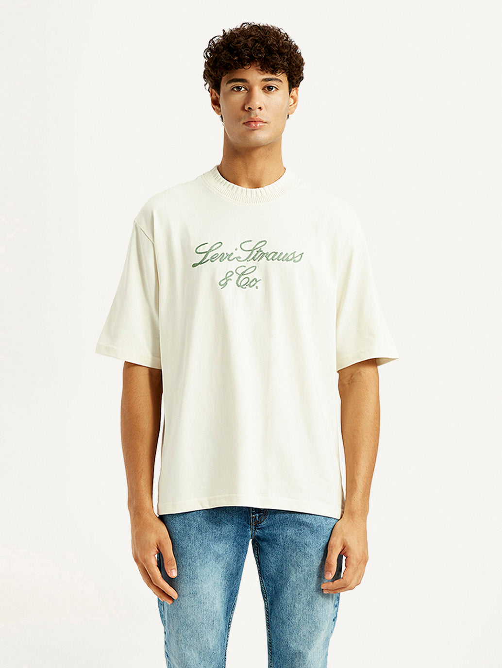 Men's Embroidered Cream Crew Neck T-shirt - Front View