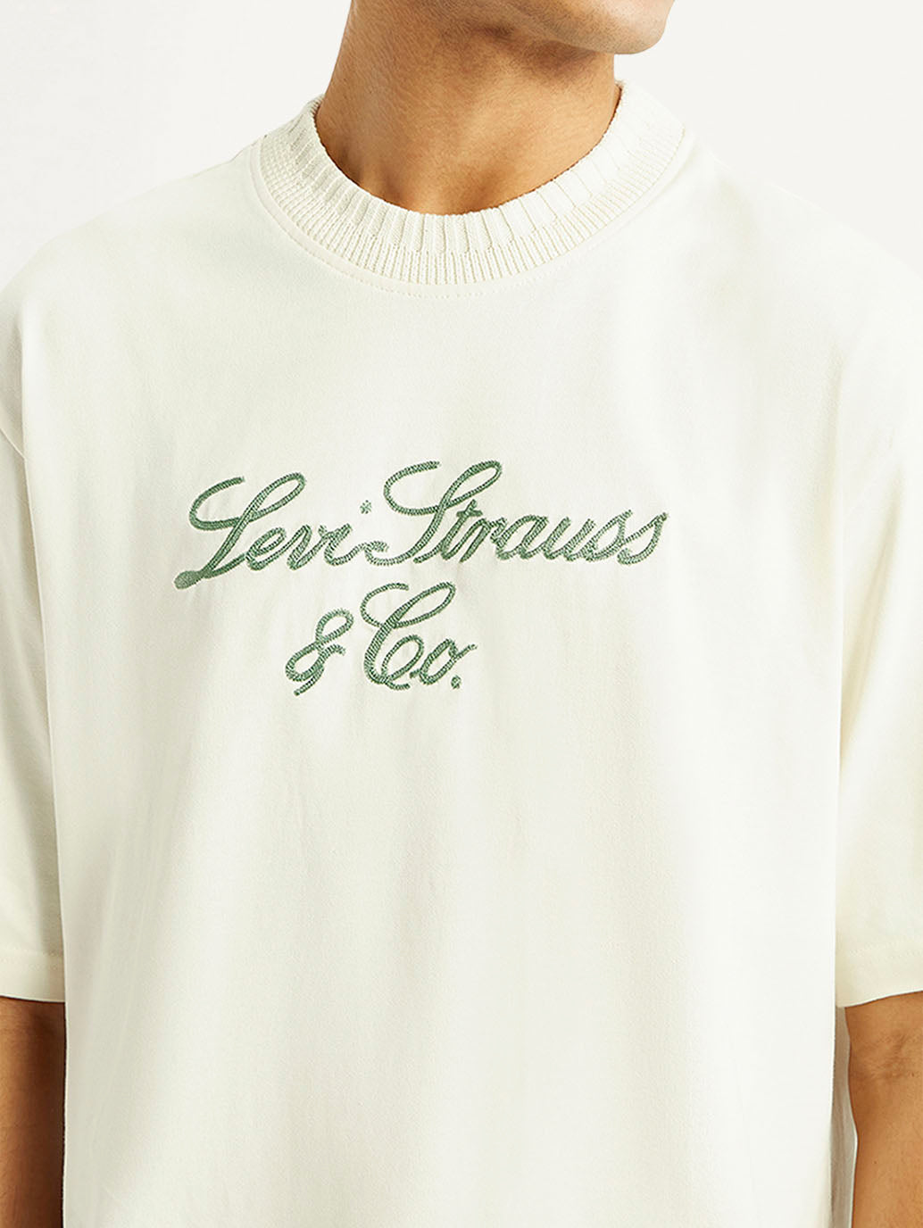 Men's Embroidered Cream Crew Neck T-shirt - Detail View