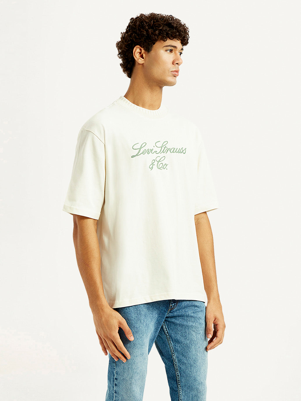 Men's Embroidered Cream Crew Neck T-shirt - Side View