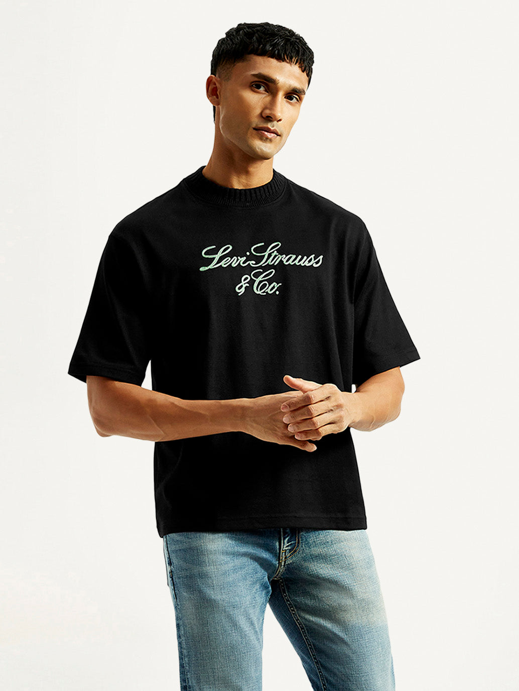 Men's Embroidered Black Crew Neck T-Shirt - Styleshot View