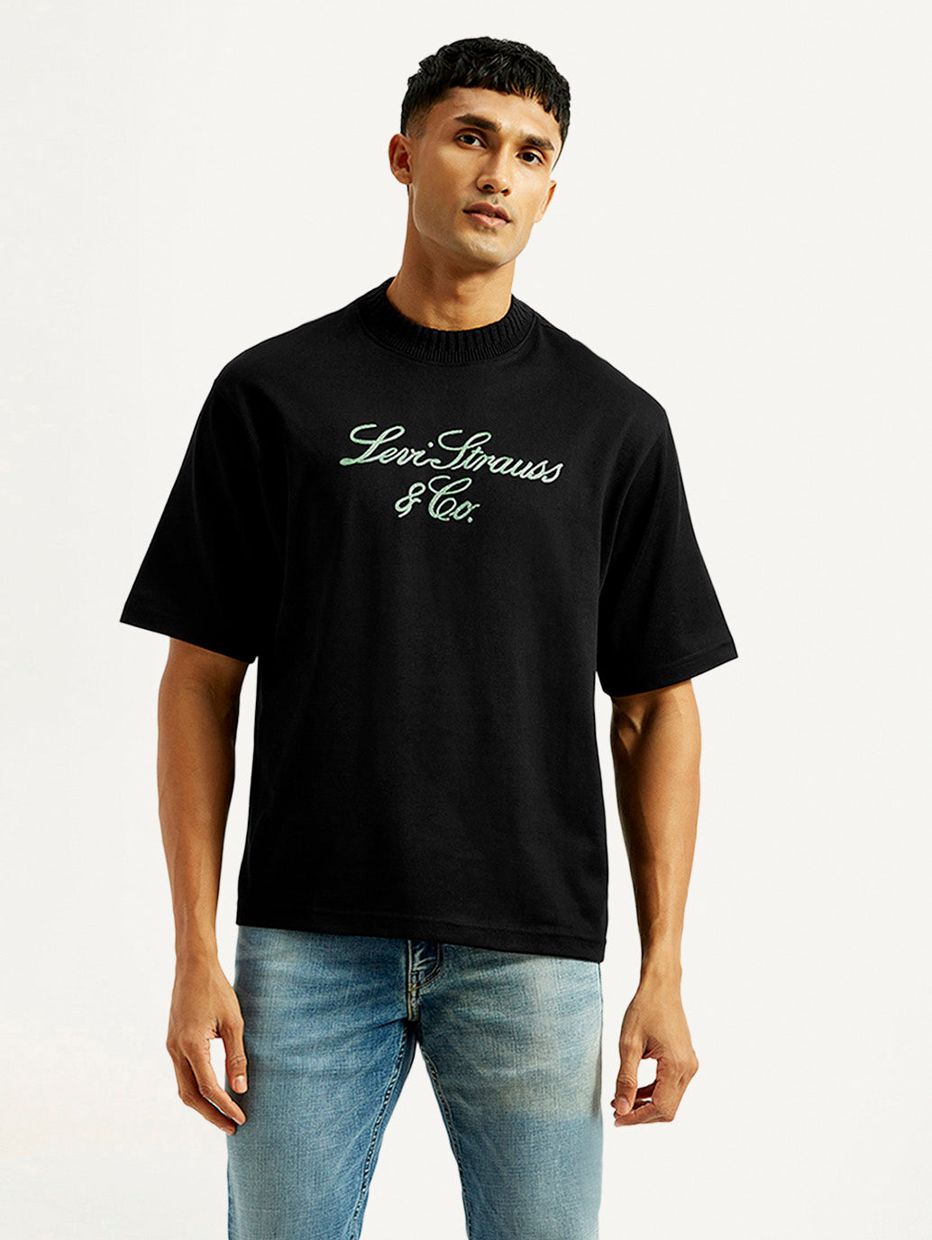 Men's Embroidered Black Crew Neck T-Shirt - Front View