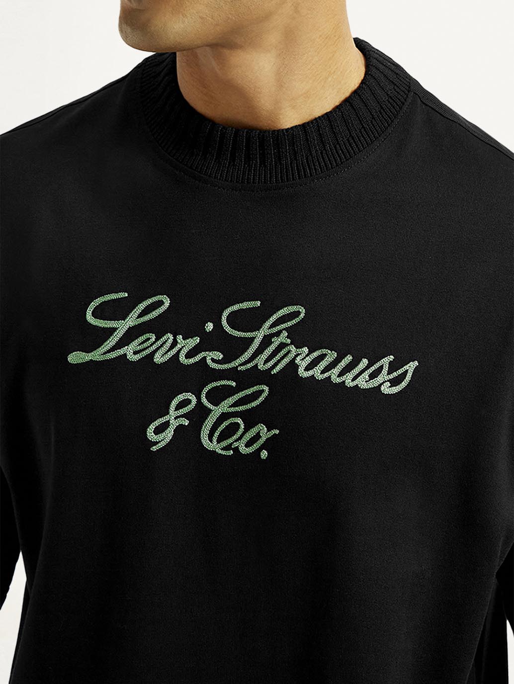 Men's Embroidered Black Crew Neck T-Shirt - Detail View