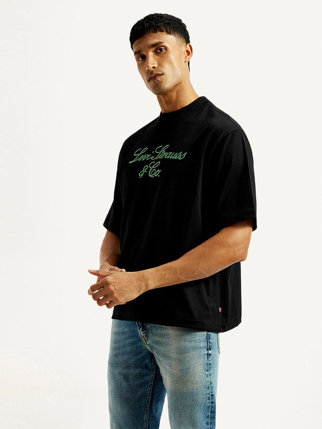 Men's Embroidered Black Crew Neck T-Shirt - Side View