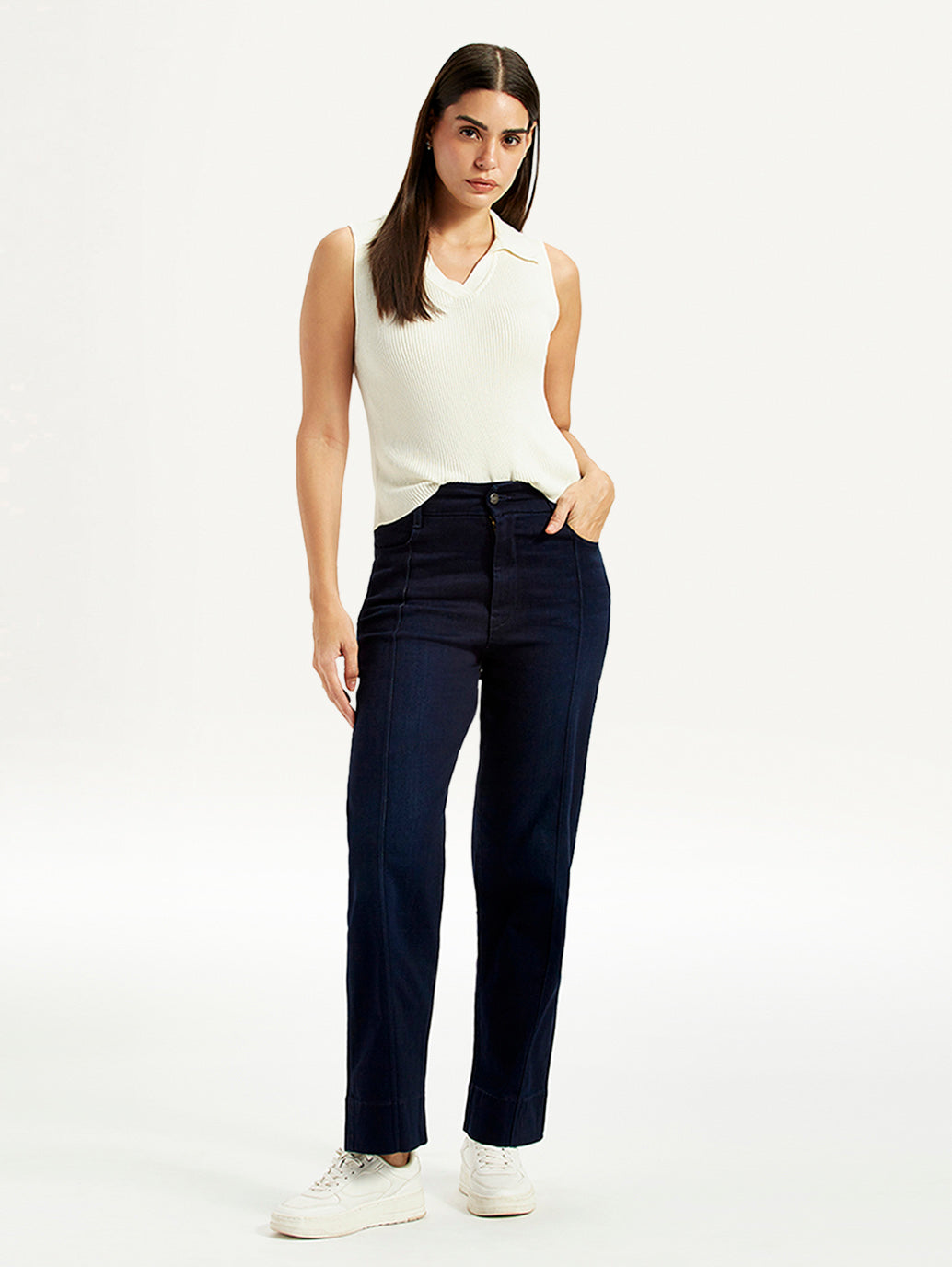 Women's Redloop Dark Blue Ribcage Straight Fit High Rise Jeans - Styleshot View