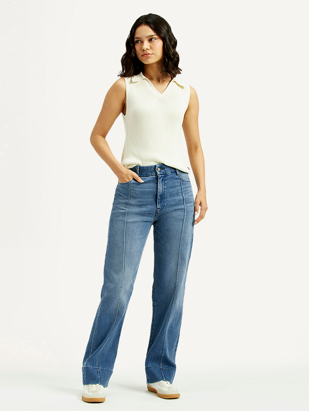 Women's Redloop Blue Ribcage Straight Fit High Rise Jeans - Styleshot View