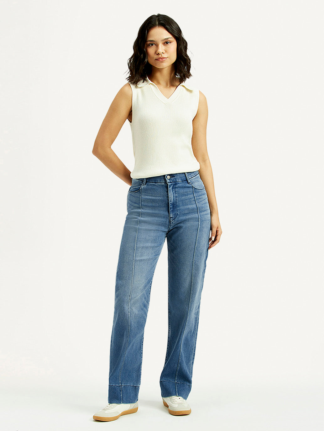 Women's Redloop Blue Ribcage Straight Fit High Rise Jeans - Front View