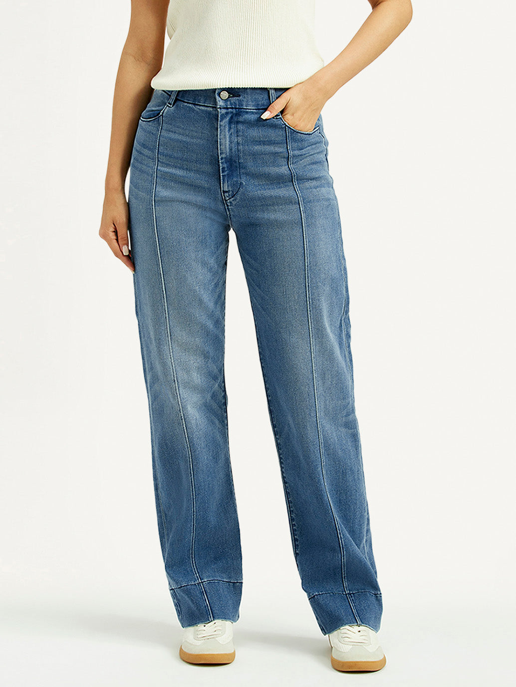 Women's Redloop Blue Ribcage Straight Fit High Rise Jeans - Front View