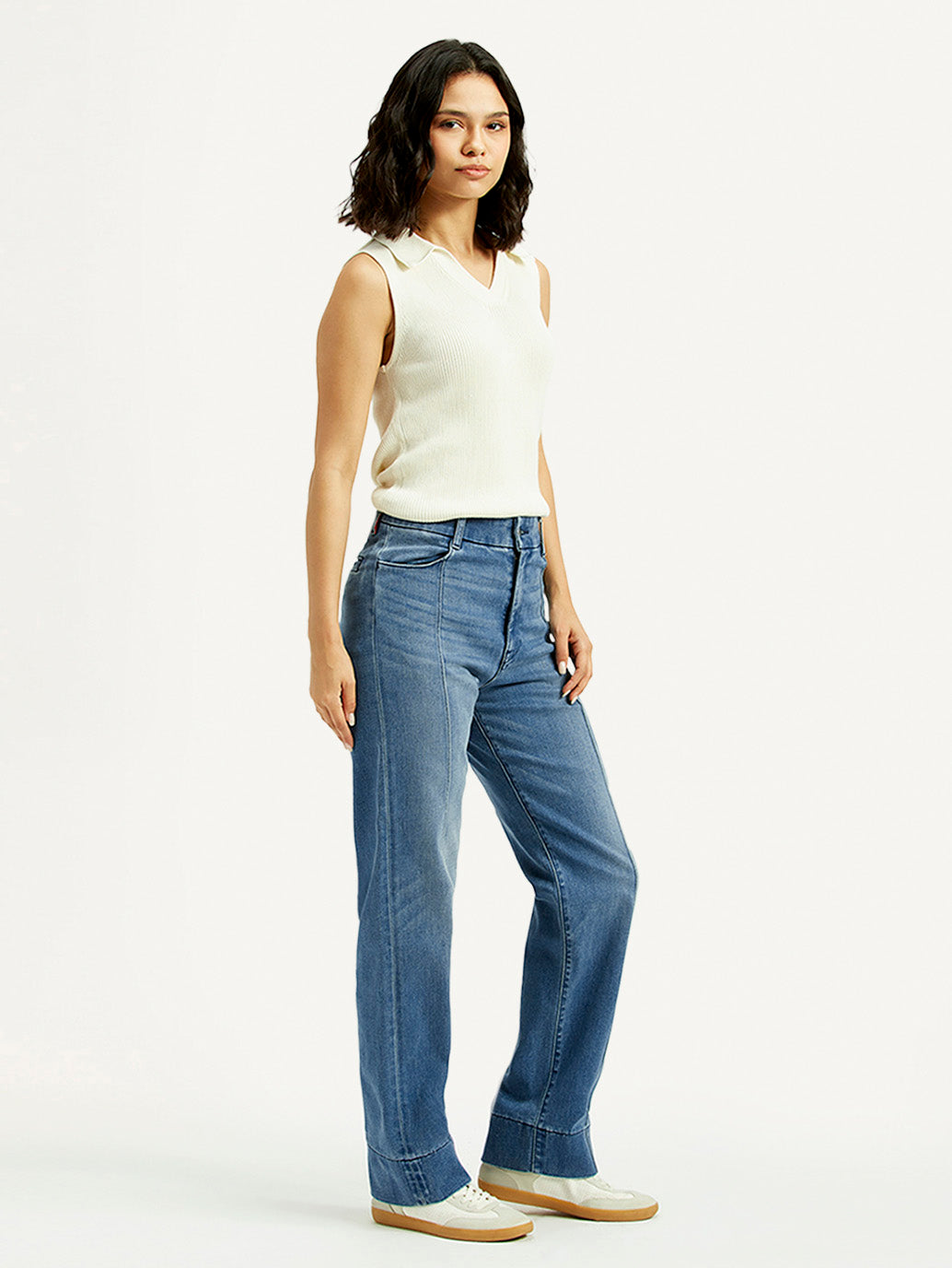 Women's Redloop Blue Ribcage Straight Fit High Rise Jeans - Side View