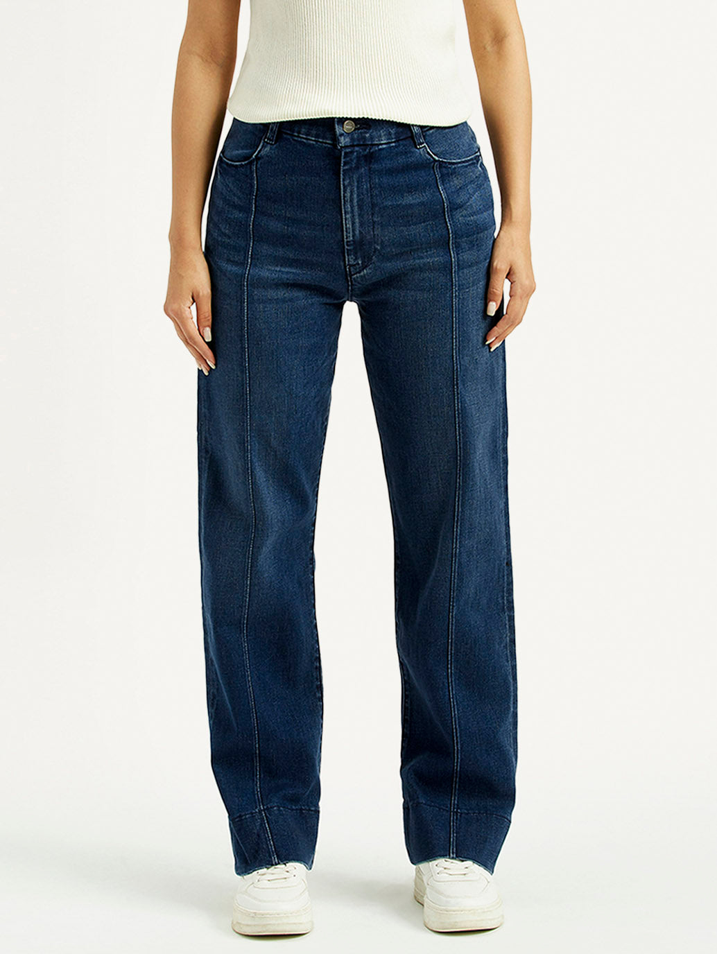 Women's Redloop Dark Blue Ribcage Straight Fit High Rise Jeans - Front View