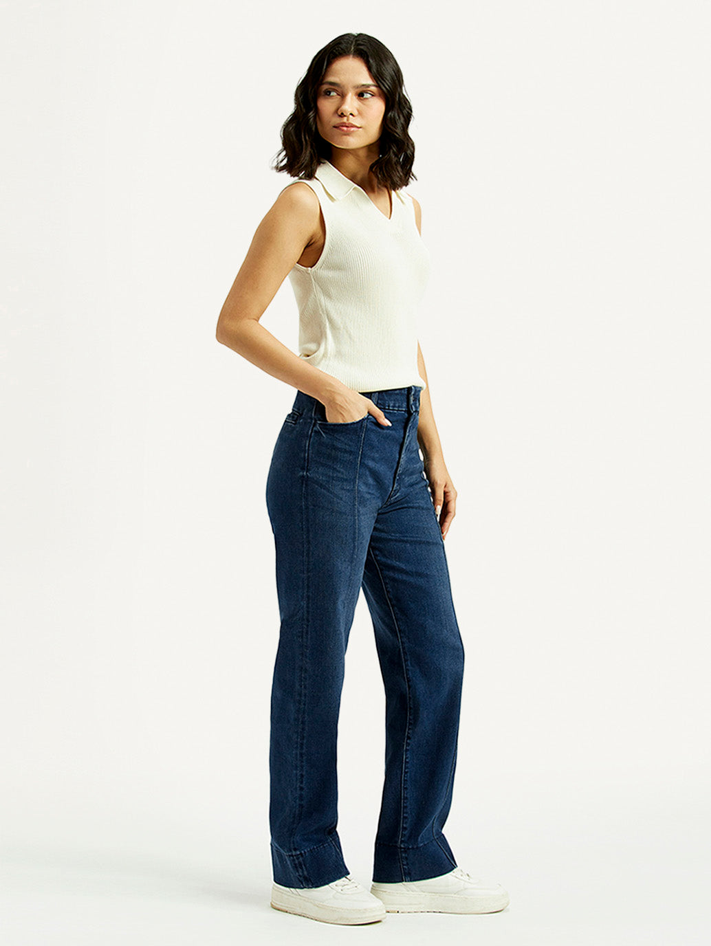 Women's Redloop Dark Blue Ribcage Straight Fit High Rise Jeans - Side View