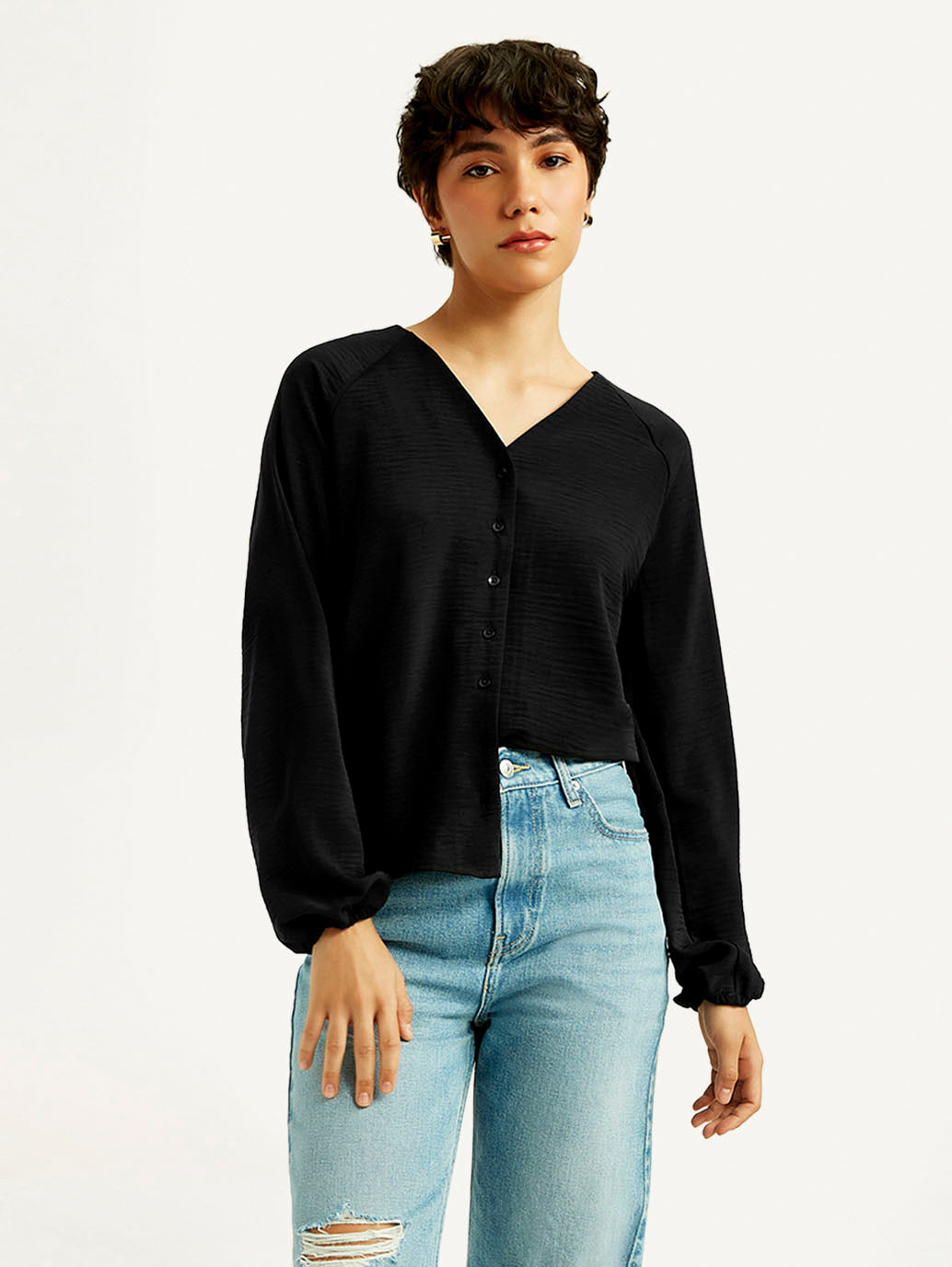 Women's Textured Black V Neck Top