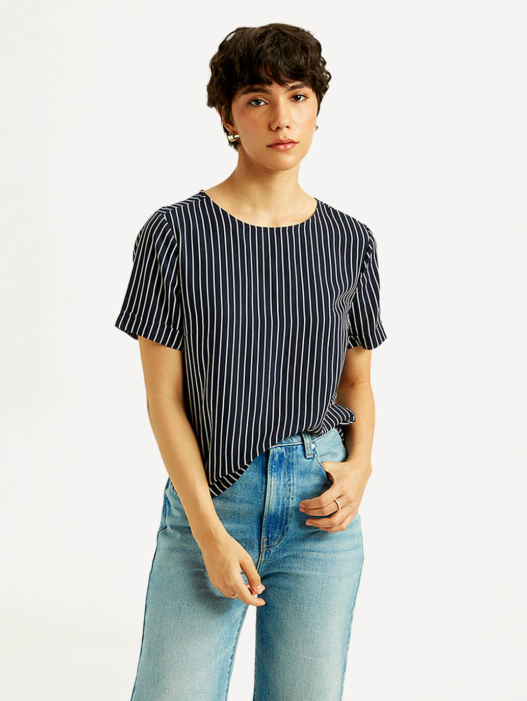 Women's Striped Navy Round Neck Top