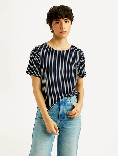 Women's Striped Navy Round Neck Top