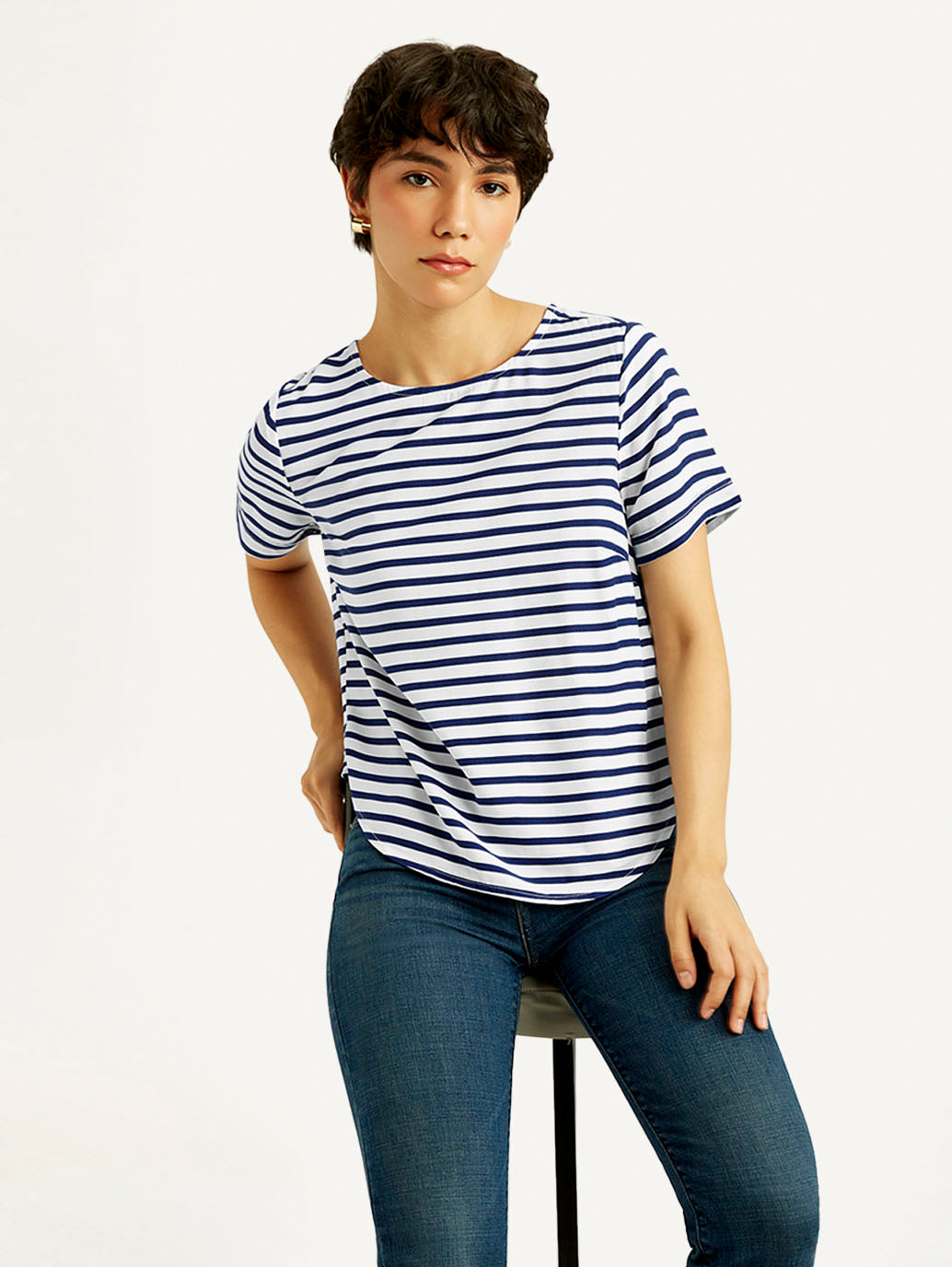 Women's Striped White Round Neck Top