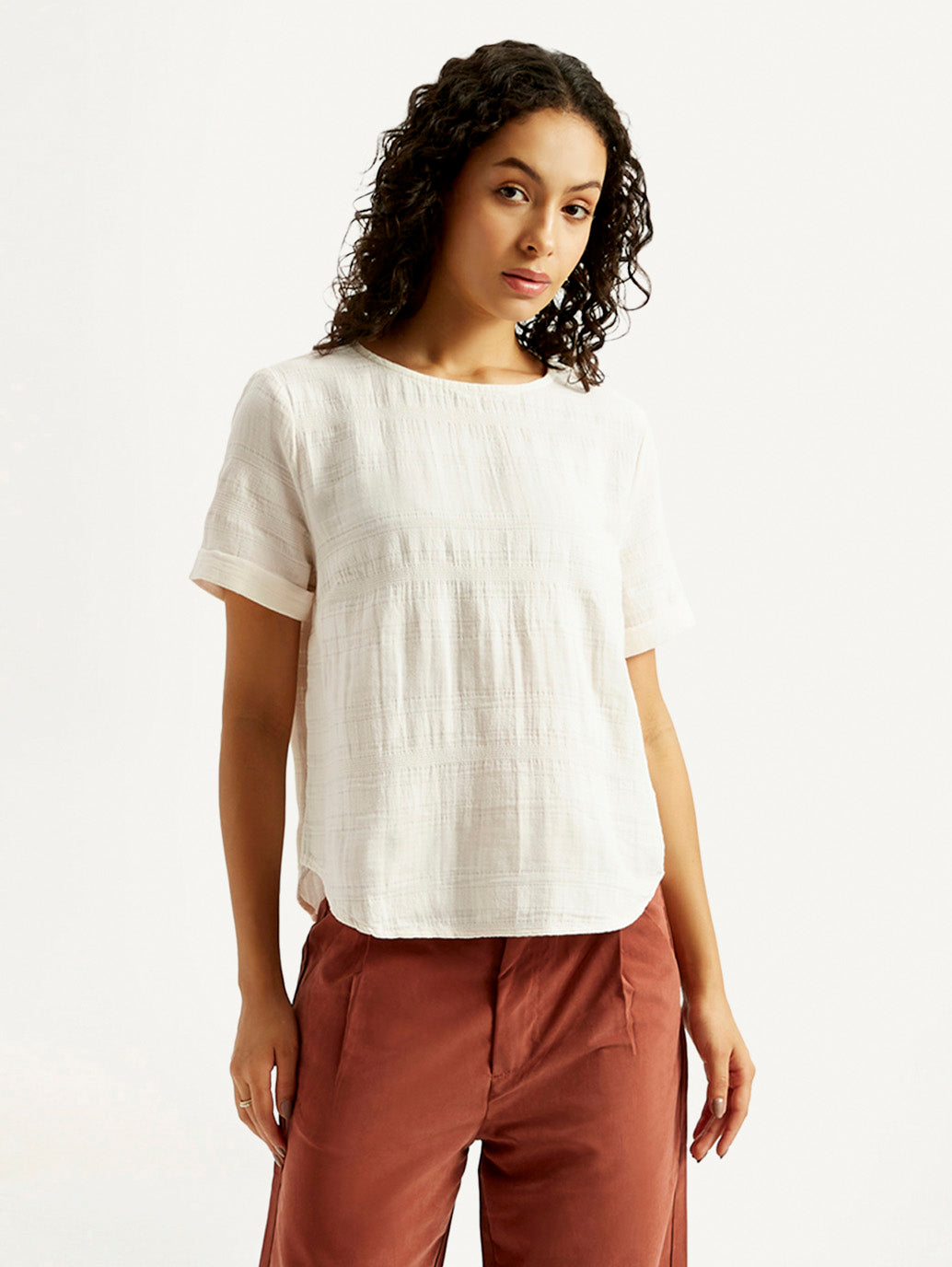 Women's Self Design Off White Round Neck Top