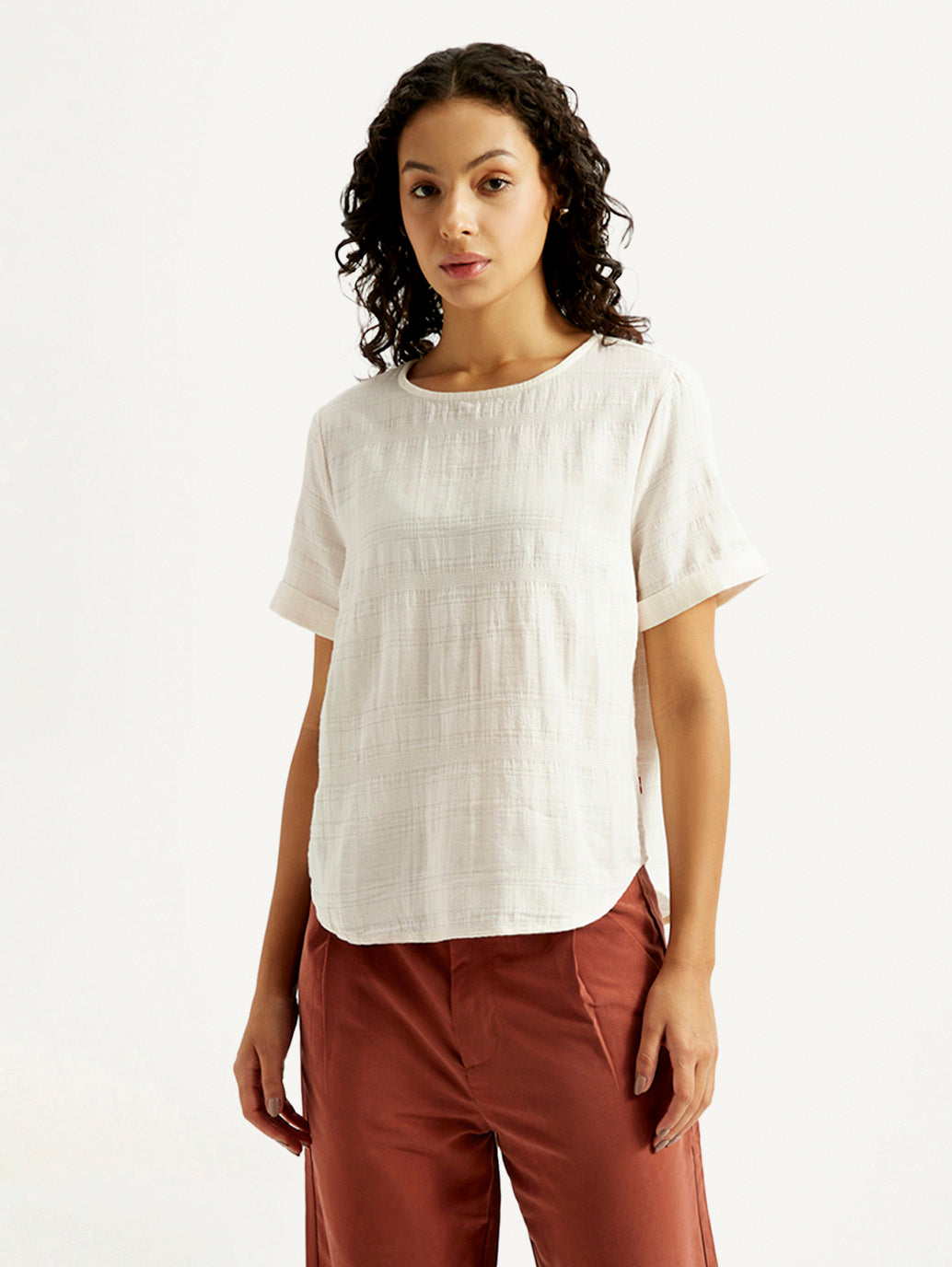 Women's Self Design Off White Round Neck Top - Front View