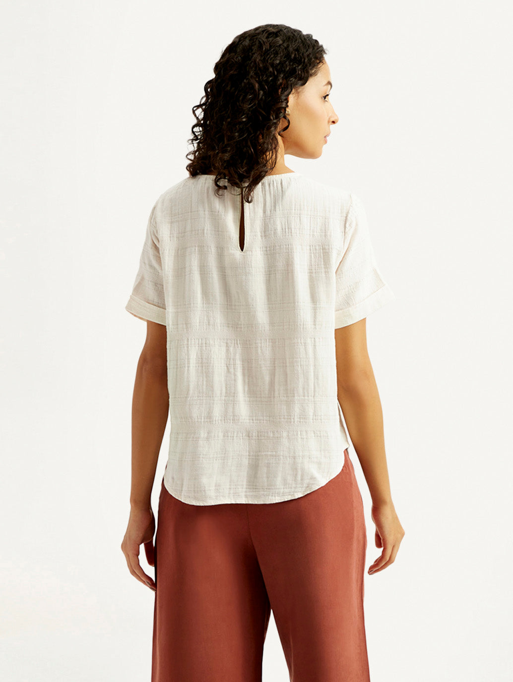 Women's Self Design Off White Round Neck Top - Back View