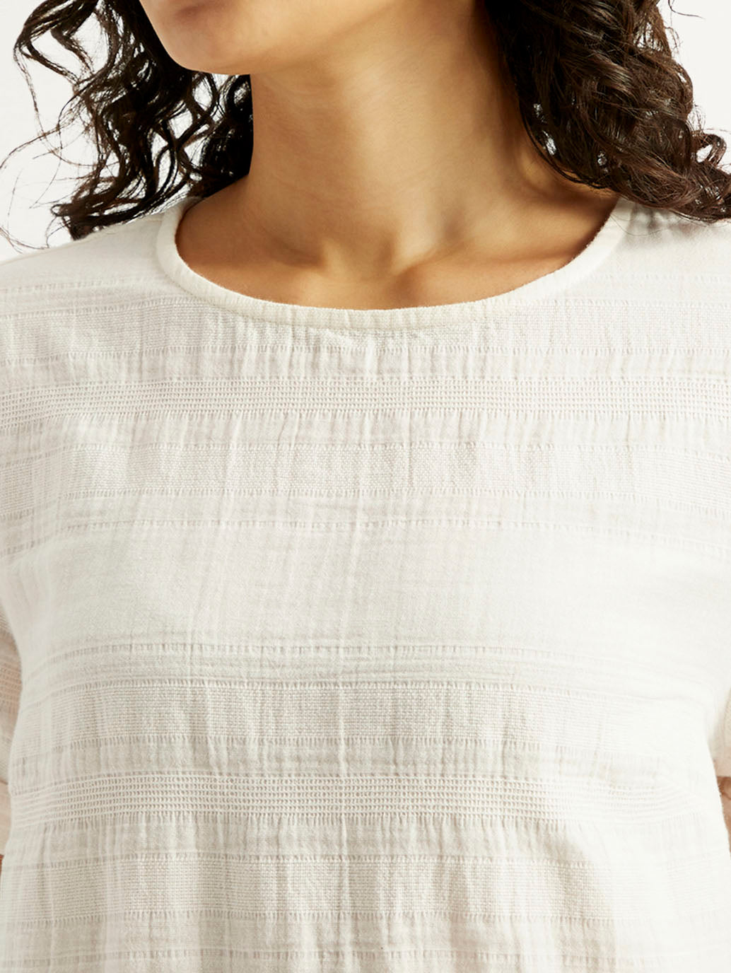 Women's Self Design Off White Round Neck Top - Detail View